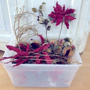 Large box of ornaments with six variations, red and gold